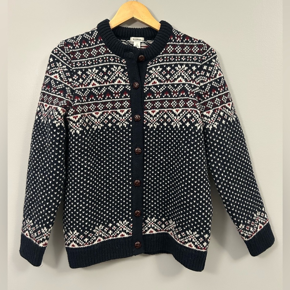 Vintage L.L. Bean Norway Wool Cardigan S Navy Nordic Birdseye Jacquard Fisherman